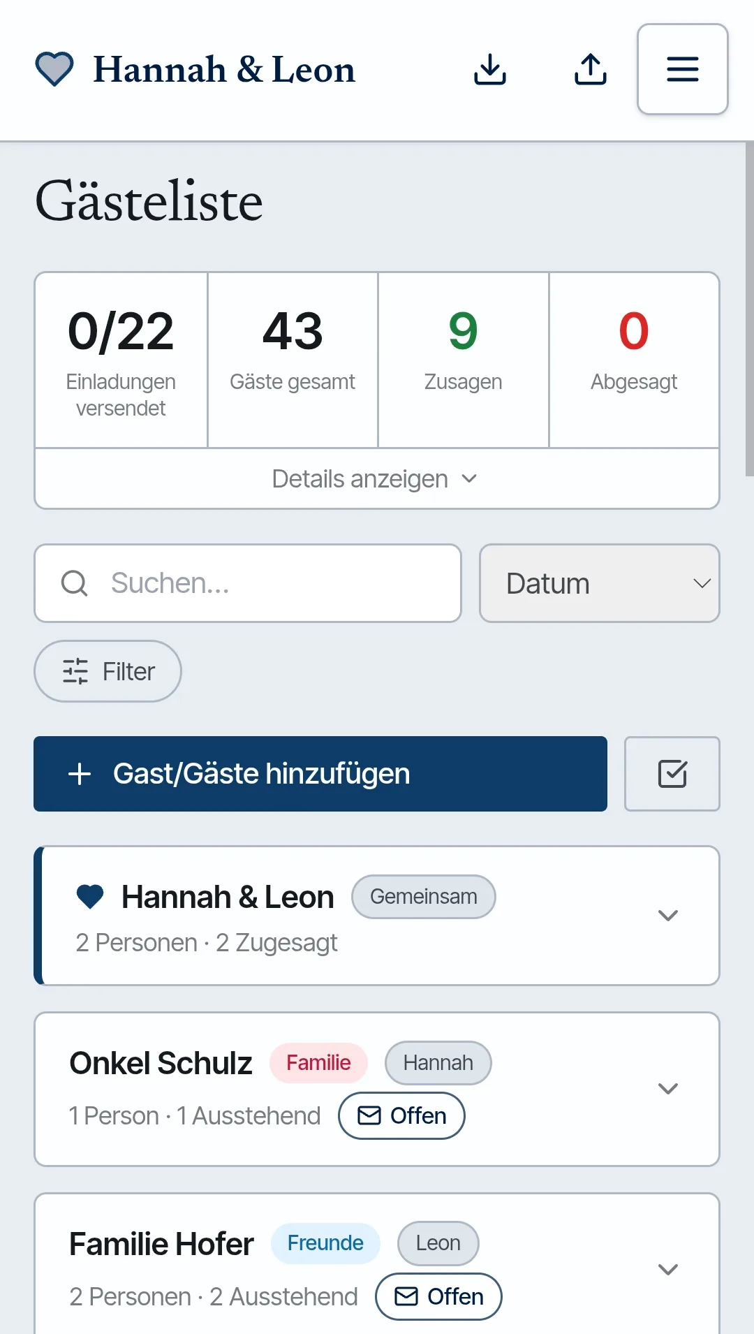 Gästeliste — Screenshot